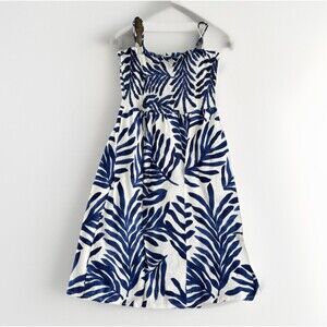 H&M Blue white Island Floral Print Smocked Midi Dress Size 2XL